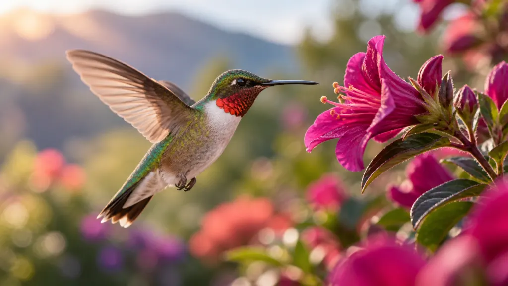 A hummingbird hovering beside a flower in natural morning light