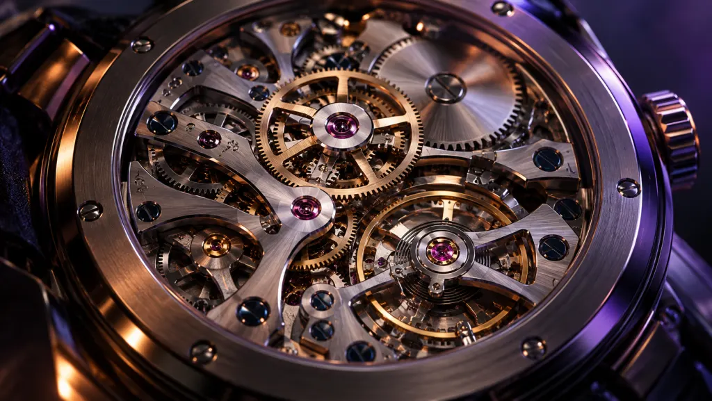 Macro view of an intricate mechanical watch movement