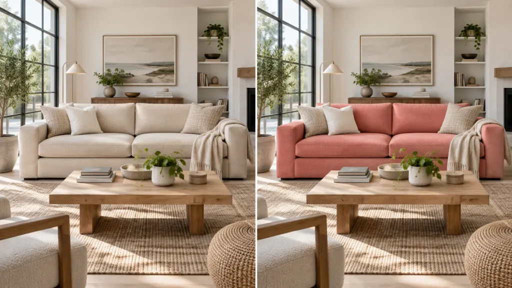 Before and after views of the same room with only the sofa color changed
