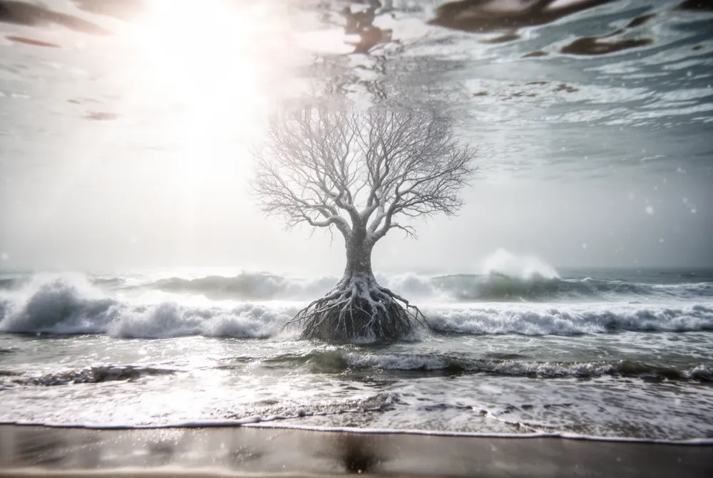 A sentient tree rooted underwater off a tumultuous ocean shore at high noon