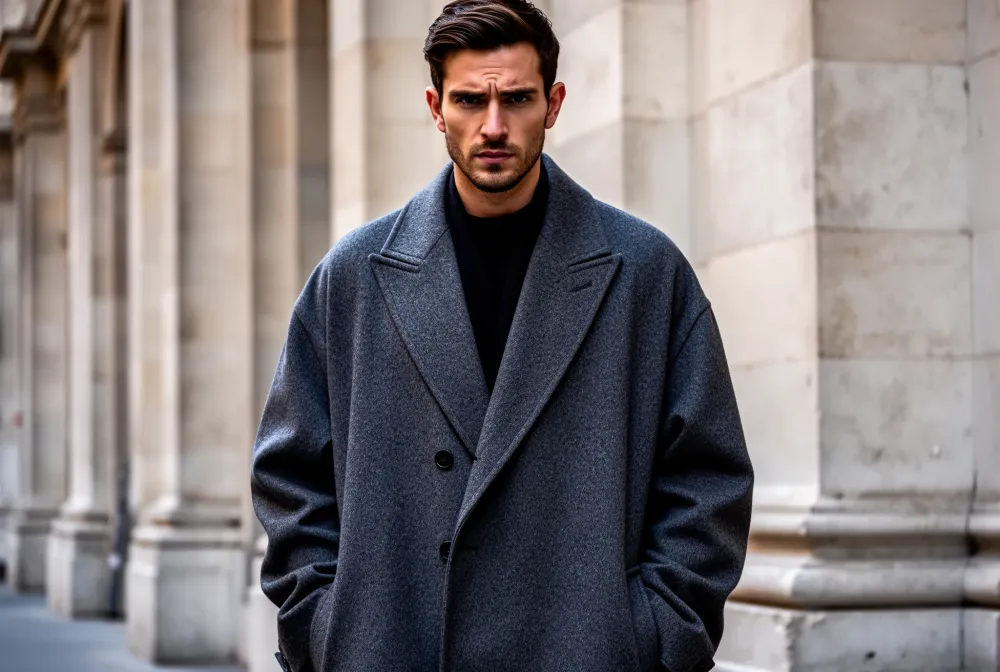 A tall sharp-featured man in an oversized charcoal wool coat