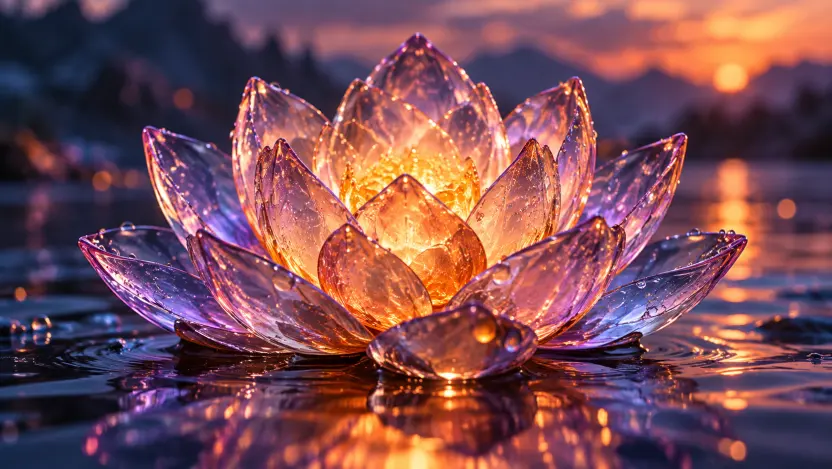 A translucent glass lotus rendered from an imaginative text prompt