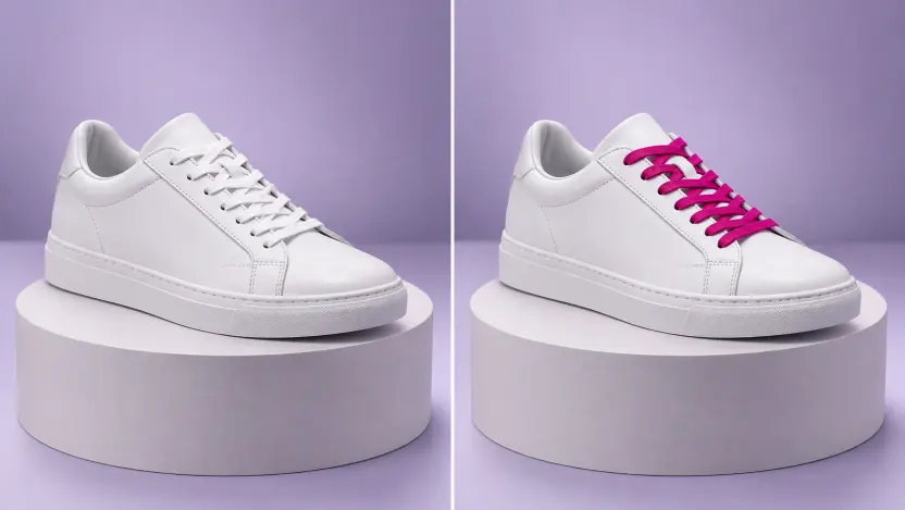 Before and after views of a white sneaker with only its laces changed to magenta