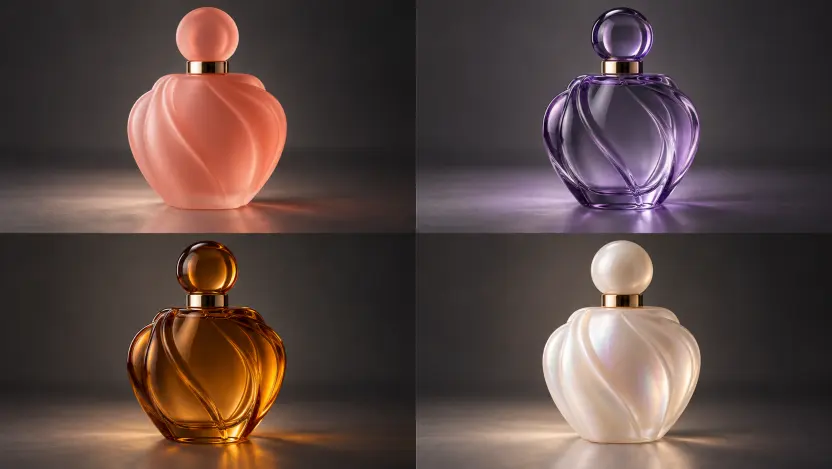 Four coordinated variations of the same perfume bottle concept